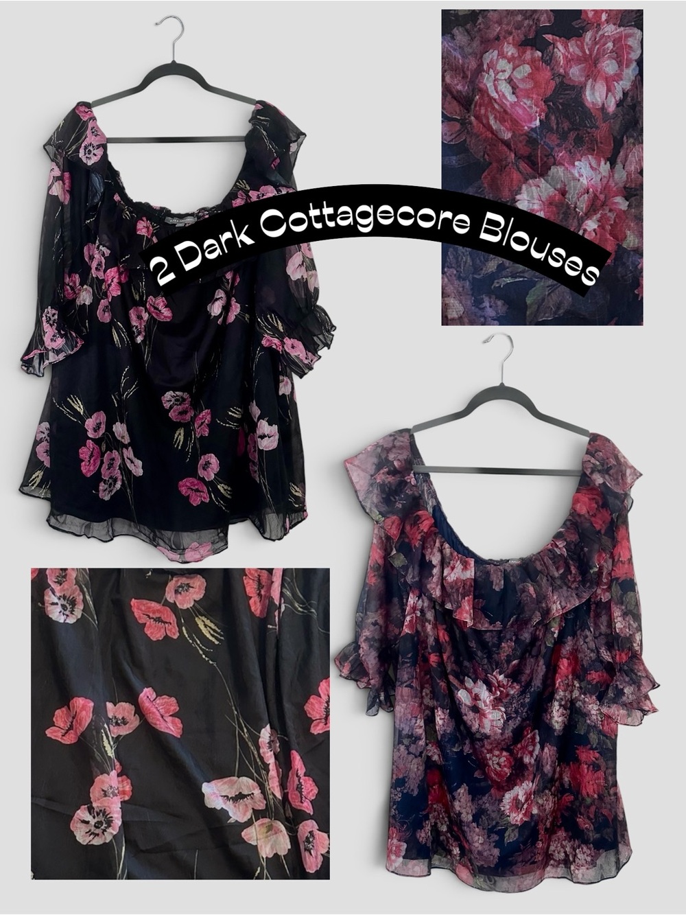 2 Romantic Black Floral Ruffle Blouses Off/On Shoulder Dark Cottagecore 3X Plus